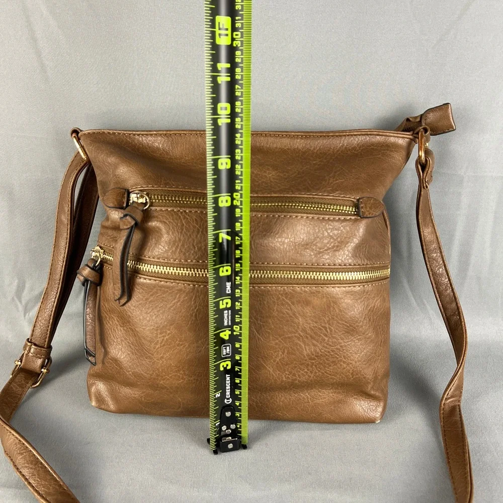 Womens Fashion Crossbody Bag Brown Leather Multiple Zip Pockets Adjustable Strap